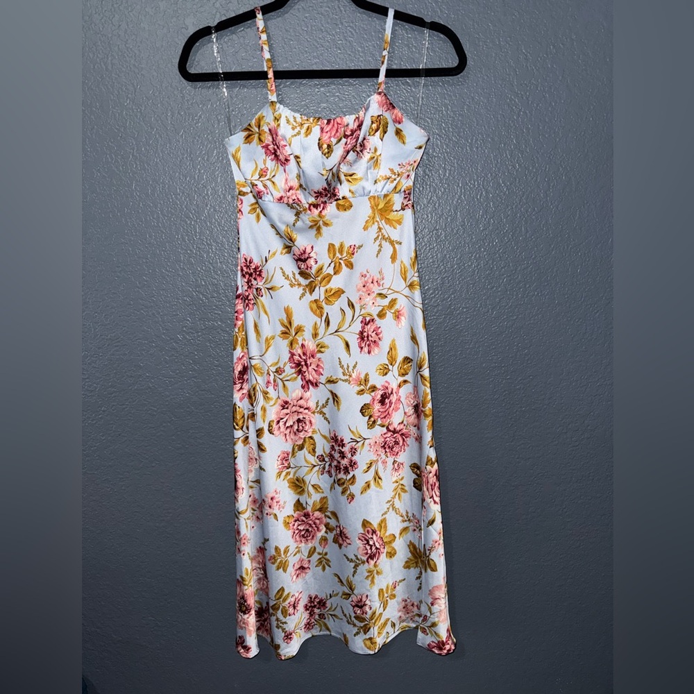 Charlotte Russe White Maxi Slip Dress with Pink Floral & Gold Leaves